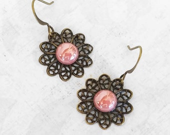 Brass Flower Earrings Antiqued Brass Cut Out Flower with Pink Glass Accent, Dangle Earrings