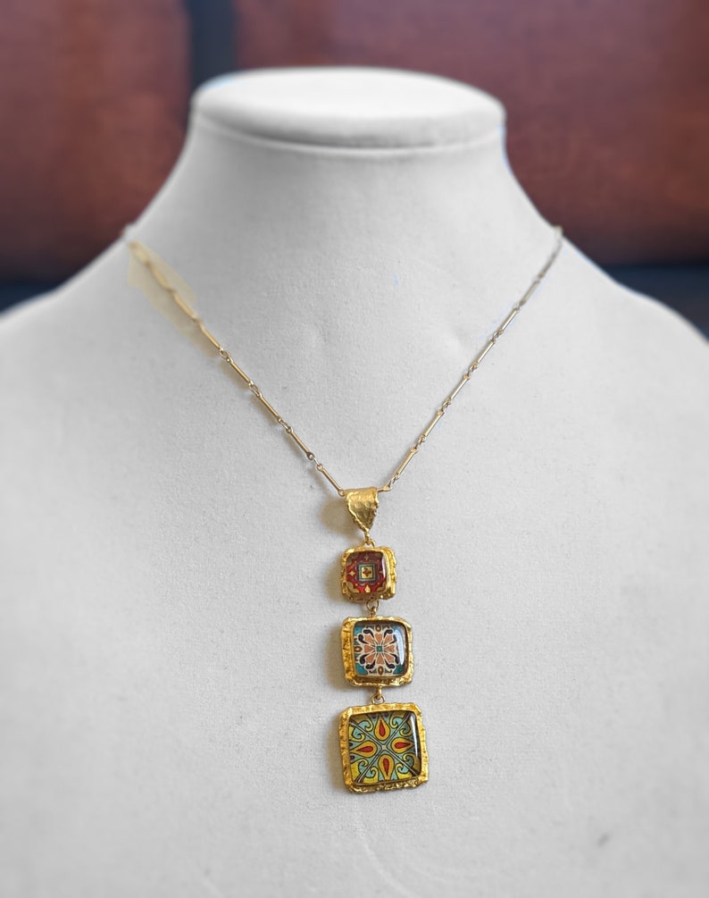 Three Satin Gold Catalina Tile Statement Necklace, Mexican Tile, Spanish Tile on Bar Link Chain, Gold Plated Brass Tiles image 4