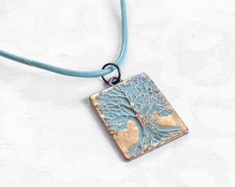 Gold Tree of Life Necklace with Green Patina and Turquoise Leather Cord, Boho Tree Necklace