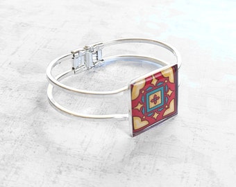 Catalina Tile on Silver Hinged Cuff Bracelet, Silver Plated Brass Red & Yellow Mexican Tile, Spanish Tile Talavera Tile Catalina Pottery
