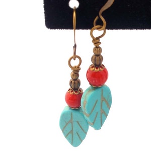 Turquoise Magnesite & Red Coral, Brass Bronze Antique Gold Dangle Earrings image 1