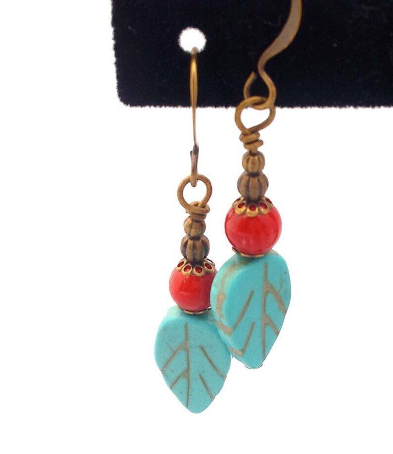 Turquoise Magnesite & Red Coral, Brass Bronze Antique Gold Dangle Earrings image 1