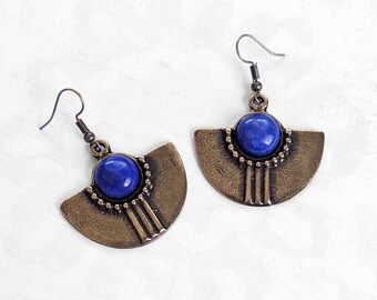 Bright, Navy, Cobalt Blue Howlite Half Circle Antique Gold Plated Brass Bronze, Antiqued Gold Dangle Earrings, Aztec