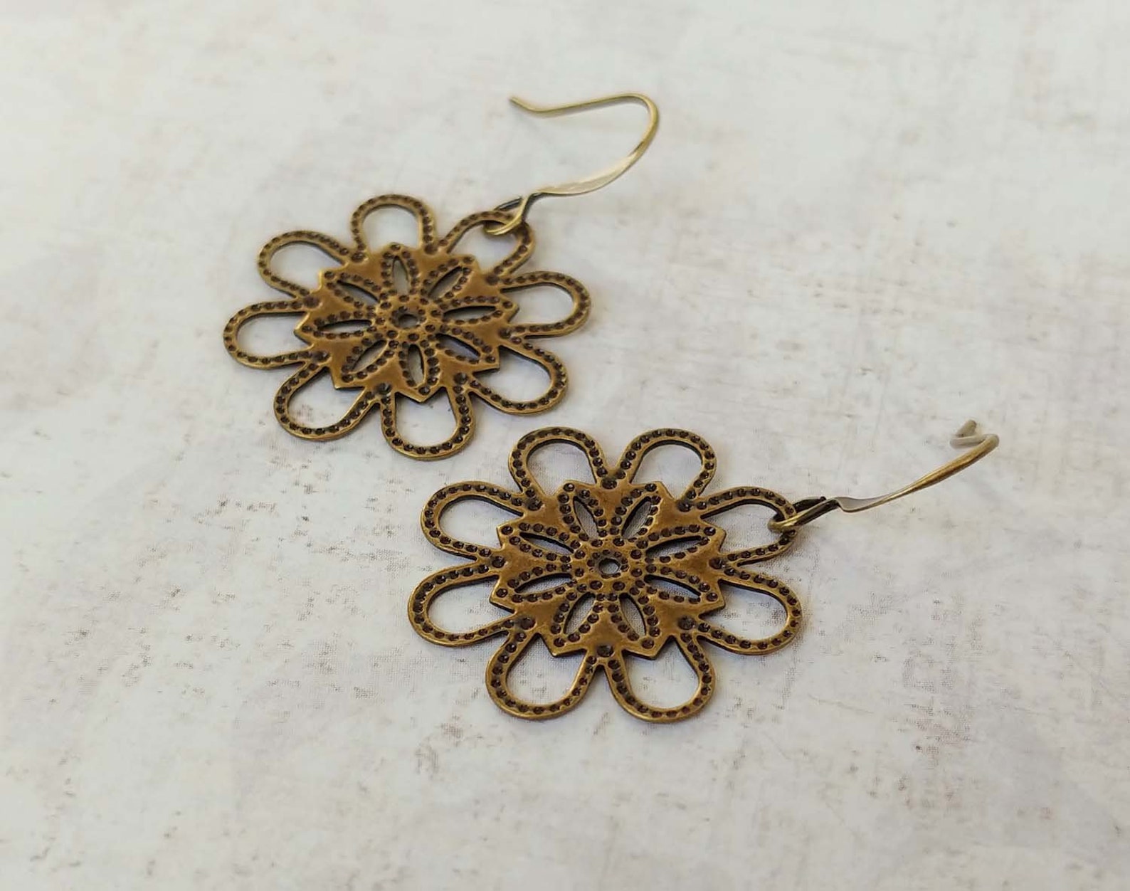 Brass Flower Earrings, Antiqued Gold Plated Brass, Circle Floral