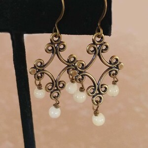 White Stone Earrings, Brass Agate Earrings, Beaded With Antiqued Brass, Bronze Accents image 2