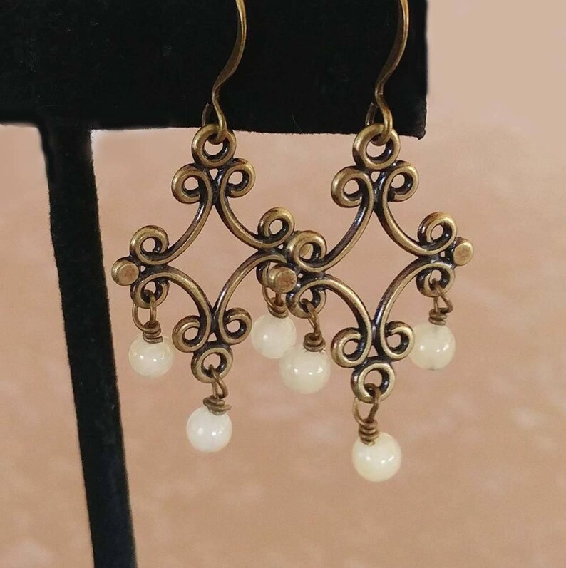 White Stone Earrings, Brass Agate Earrings, Beaded With Antiqued Brass, Bronze Accents image 2