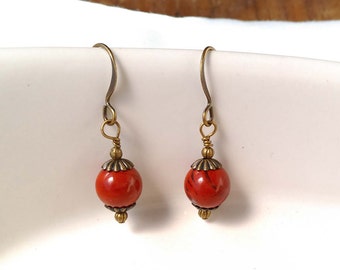 Red Jasper Gemstone Earrings With Antiqued Brass, Bronze