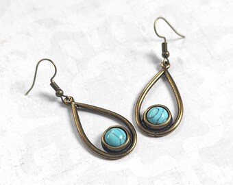 Antiqued Gold Plated Brass, Bronze Teardrop Earring with Turquoise Cabachon, Vintage Look Dangle Earrings