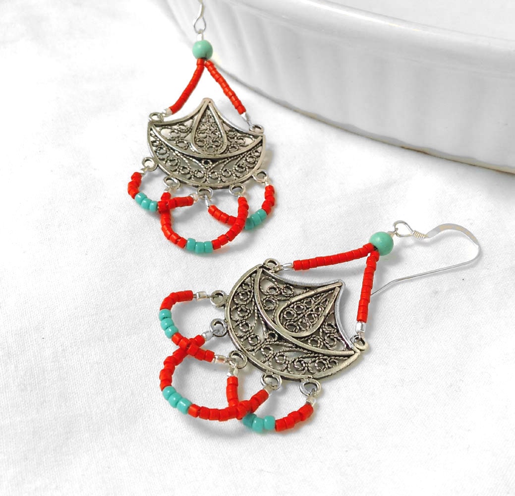 Sterling Silver Boho Indian Earrings With Turquoise and Brick Orange Beads