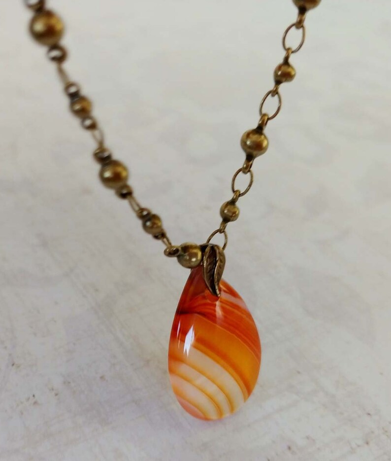 Banded Teardrop Red Agate Gemstone Necklace on Antiqued Gold-Plated Brass Ball Link Chain image 2