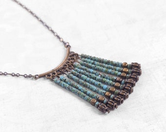 Turquoise Fringe Beaded Necklace, Antiqued Gold Plated Brass, Statement Necklace , Turquoise and Bronze Tribal Ethnic Necklace