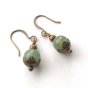 Light Jade Green Aventurine Gemstones Wrapped Brass Bronze, Antiqued Gold Dangle Earrings