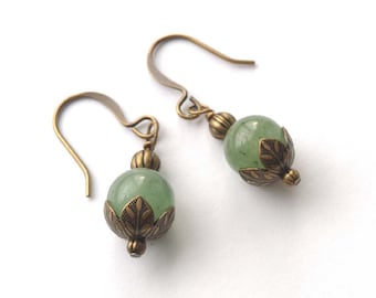 Light Jade Green , Aventurine Gemstones Wrapped Brass Bronze, Antiqued Gold Dangle Earrings Positive Energy Earrings, Everyday