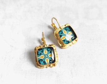 Blue and Yellow Tiles on Matte Gold Plated Brass Lever-back Earrings, Spanish, Mexican, Catalina, Mediterranean Tile Catalina Pottery