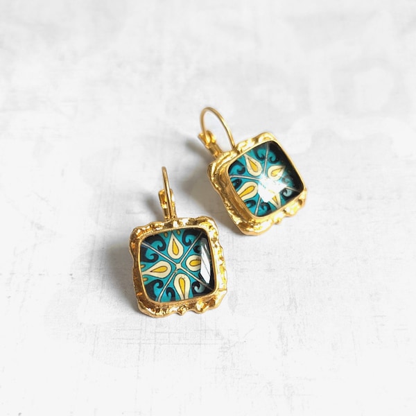 Blue and Yellow Tiles on Matte Gold Plated Brass Lever-back Earrings, Spanish, Mexican, Catalina, Mediterranean Tile Catalina Pottery