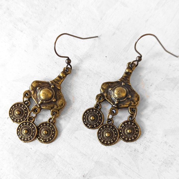 Brass Bronze Bohemian Earrings Antiqued Gold Plated Brass Chandelier Earrings with Brass Ball Drops Earrings