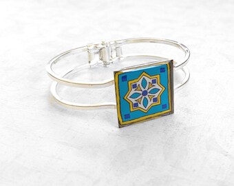 Catalina Tile on Silver Hinged Cuff Bracelet, Silver Plated Brass Teal & Yellow Mexican Tile, Spanish Tile Talavera Tile Catalina Pottery