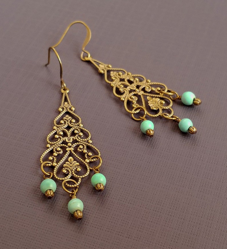 Antiqued Brass Boho Filigree Chandelier Earrings With Turquoise ...