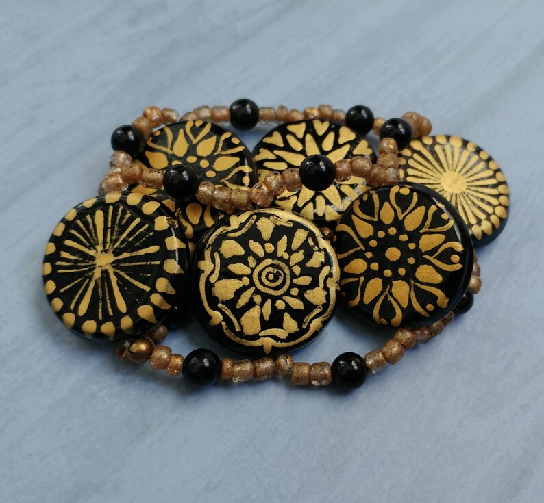 Hand Painted Black and Gold Glass Beaded Stretch Bracelet image 1