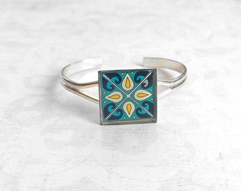 Catalina Tile on Silver Cuff Bracelet, Silver Plated Brass Blue & Yellow Mexican Tile, Spanish Tile Talavera Tile Catalina Pottery