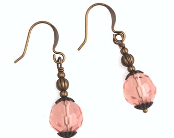 Salmon Pink Earrings & Gold Plated Brass Earrings Faceted on French Wires