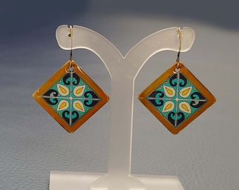 Catalina Island, Catalina Pottery, Blue & Yellow Tiles on Gold Plated Brass Earrings, Spanish, Mexican, Catalina Mediterranean Tile Inspired