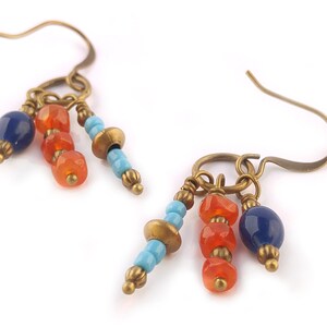 Orange Gemstone Earrings Blue Orange Boho Earrings Orange Carnelian & Cobalt Blue and Turquoise Glass Boho Chic image 1