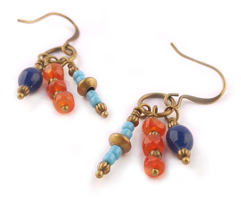Orange Gemstone Earrings Blue Orange Boho Earrings Orange Carnelian & Cobalt Blue and Turquoise Glass Boho Chic image 1