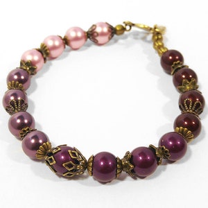 Pearl Maroon, Burgundy, Pink Ombre Bracelet, Genuine Swarovski Crystal Pearls in Four Colors With Antique Gold Plated Accents image 1