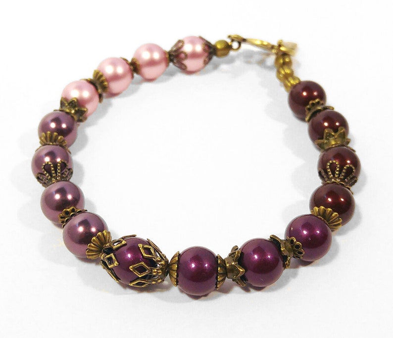 Pearl Maroon, Burgundy, Pink Ombre Bracelet, Genuine Swarovski Crystal Pearls in Four Colors With Antique Gold Plated Accents image 1