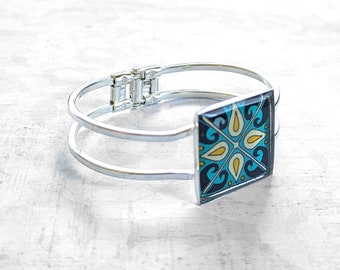 Catalina Tile on Silver Hinged Cuff Bracelet, Silver Plated Brass Blue & Yellow Mexican Tile, Spanish Tile Talavera Tile Catalina Pottery
