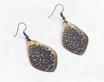 Brass Bohemian Earrings Simple Diamond Floral Embossed Antiqued Gold Plated Brass Earrings, Brass, Bronze Antique Brass