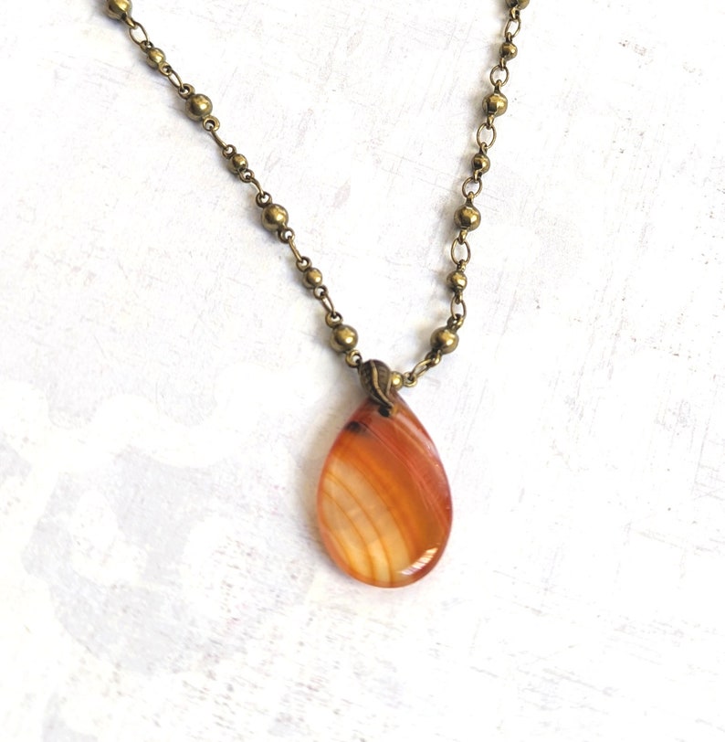 Banded Teardrop Red Agate Gemstone Necklace on Antiqued Gold-Plated Brass Ball Link Chain image 1