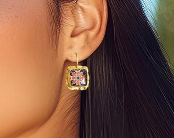 Catalina Tile Earrings: Blue & Yellow, Gold Plated Lever-back, Seven Tile Designs Available