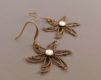 Opal Crystal Star Earrings Swarovski Opal Crystals on Antiqued Brass Cut Out Star Earrings,