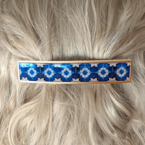 Pasador para el pelo de cerámica marroquí con azulejos grandes, pasador para el pelo en tonos azules y verde azulado, estilo mexicano, Talavera