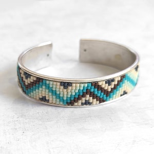 Silver Beaded Cuff Bracelet in Turquoise and Brown Glass, Loomed Seed Beads on Antique Silver Cuff Bracelet, Adjustable