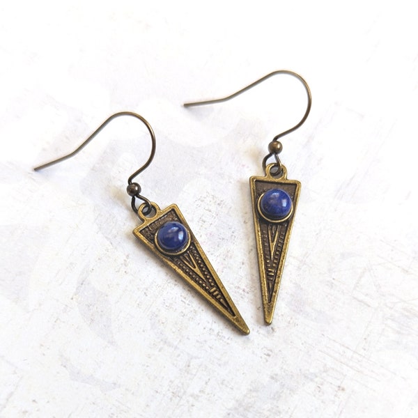 Bronze, Blue, Antiqued Gold Plated Brass, Triangle Spike with Blue Lapis Lazuli Cabachons,  Vintage Look Dangle Earrings.