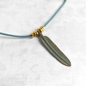 Gold Feather Necklace with Green Patina and Turquoise Leather Cord, Boho Feather Necklace image 4