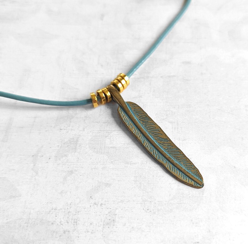 Gold Feather Necklace with Green Patina and Turquoise Leather Cord, Boho Feather Necklace image 4