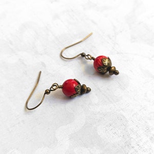 Red Coral Gemstone Earrings With Antiqued Gold Plated Brass, Bronze Accents and Earwires Boho Earrings image 1