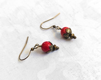 Red Coral Gemstone Earrings With Antiqued Gold Plated Brass, Bronze Accents and Earwires Boho Earrings