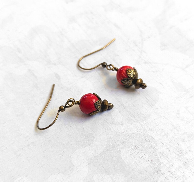 Red Coral Gemstone Earrings With Antiqued Gold Plated Brass, Bronze Accents and Earwires Boho Earrings image 1