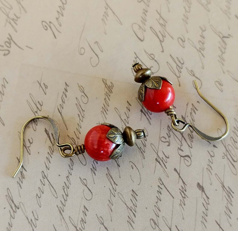 Red Coral Gemstone Earrings With Antiqued Gold Plated Brass, Bronze Accents and Earwires Boho Earrings image 3