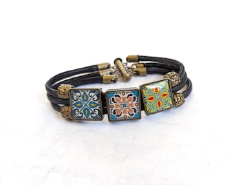 Spanish Tile Bracelet, Three Tiles Multi Colored on Gold-Plated Brass Bronze and Black Waxed Cotton Cord
