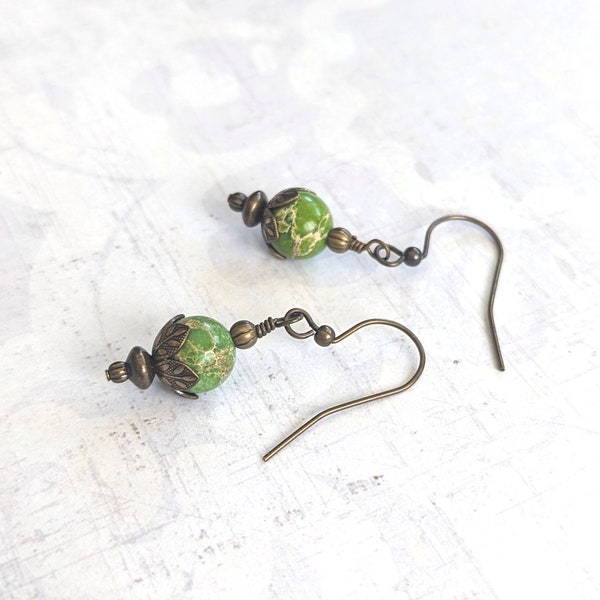 Light Green, Veined Gemstones Wrapped Brass Bronze, Antiqued Gold Dangle Earrings