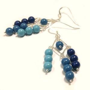 Swarovski Crystal Pearls in Navy, Royal Blue & Light Teal Blue on Sterling Silver Dangle Earrings Ombre Pastels image 2