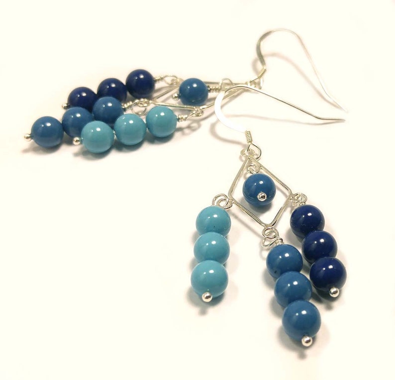 Swarovski Crystal Pearls in Navy, Royal Blue & Light Teal Blue on Sterling Silver Dangle Earrings Ombre Pastels image 2