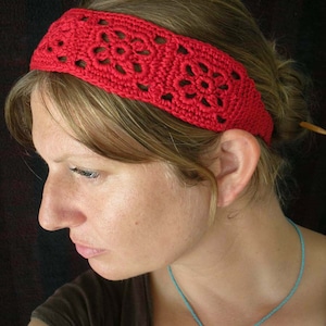 Crochet Headband, Boho Knit Hairband in Bright Red Cotton image 1