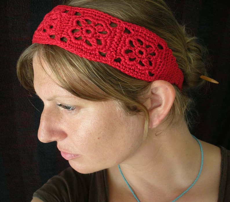 Crochet Headband, Boho Knit Hairband in Bright Red Cotton image 1